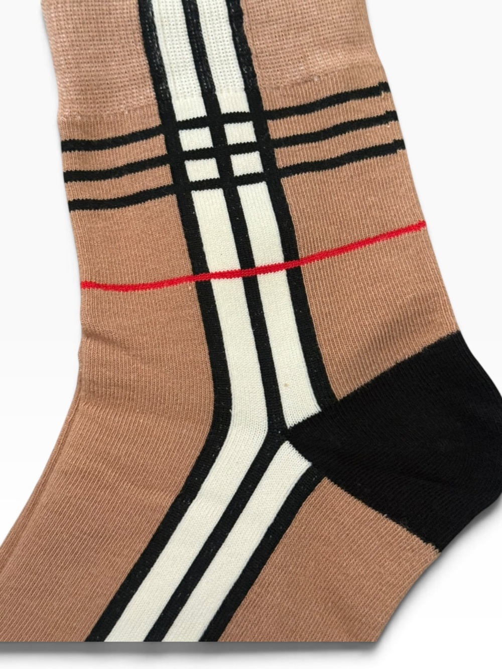 2 Pair Burberry Outlet Ankle Socks with Red & Beige Plaid and Classic Logo - Picture 2 of 4